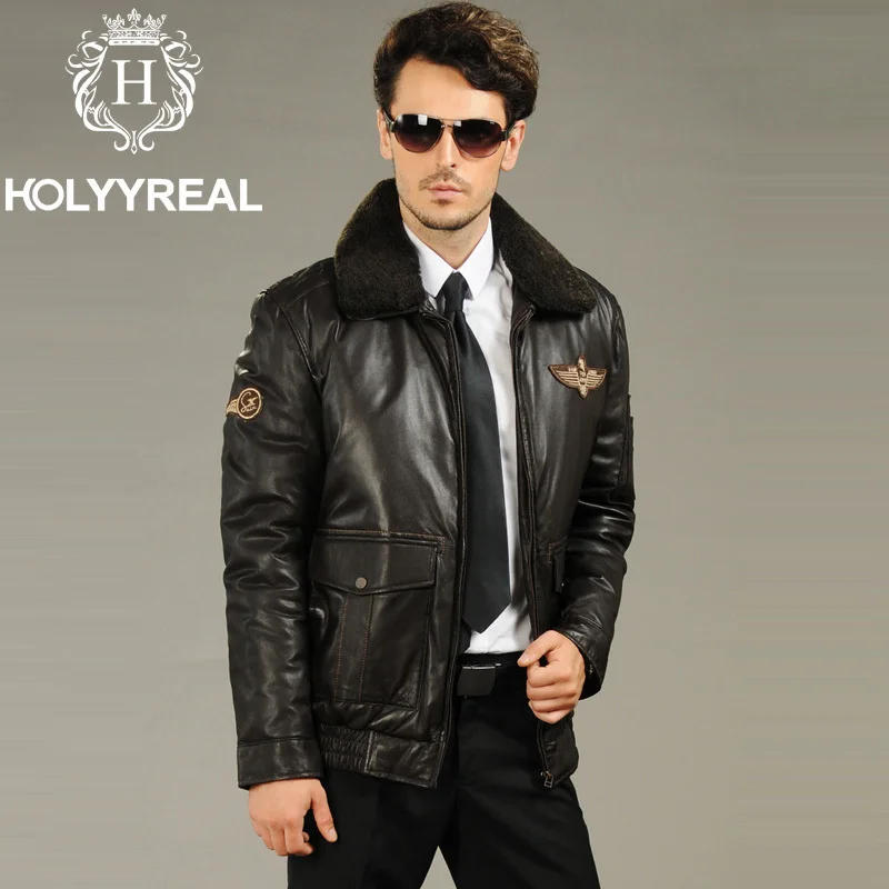2013 Men's Genuine Sheepskin Leather Pilot Jacket With Lambswool Fur