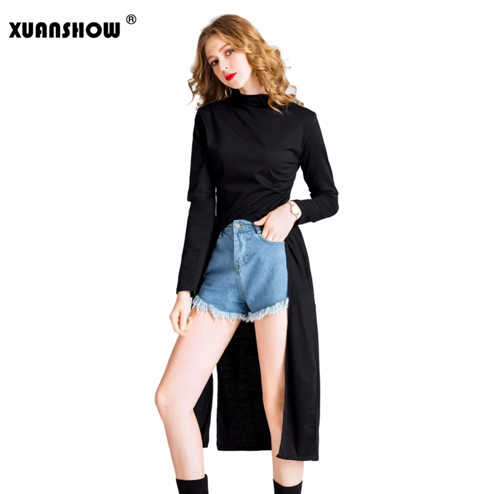

XUANSHOW Female T-Shirt 2018 New Fashion Cotton Women's Shirt Black Holes Tuxedo Shirts Punk Style Streetwear Long Women Clothes