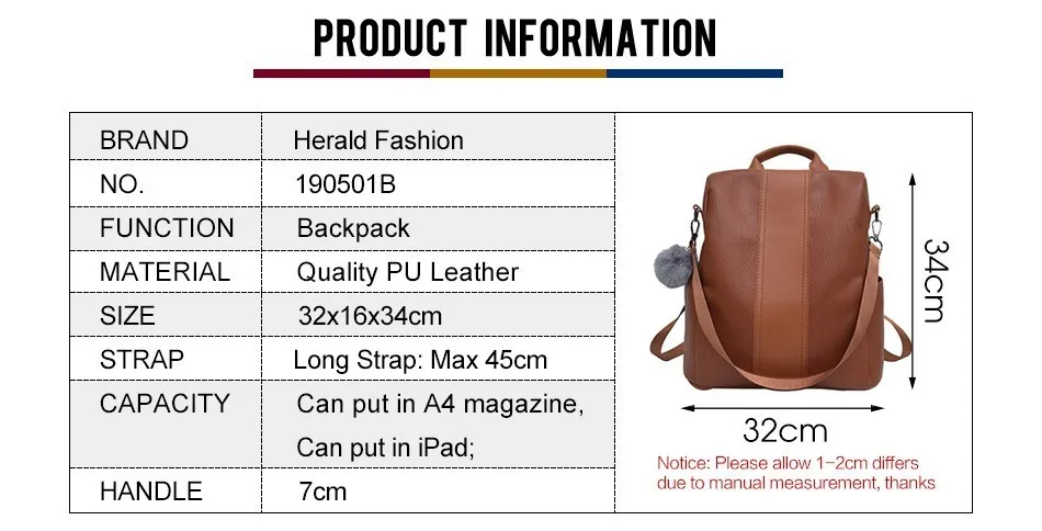 Herald Модный женский рюкзак с защитой от кражи, качественный кожаный винтажный женский рюкзак с большой вместительностью, школьная сумка на плечо, Повседневная дорожная сумка
