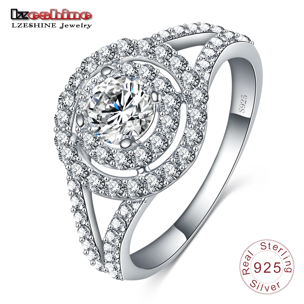 

LZESHINE Fashion New Women Round Silver Ring 925 Sterling Best Gift For Women AAA Zircon Engagement Wedding Ring SRI0010-B