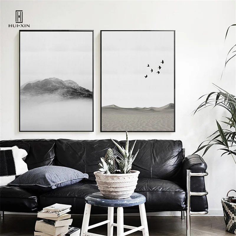 Modern Minimalism Murals Chinese Traditional Watering Paintings Typical Themes of Mountains Birds Canvas Posters For Home Decor