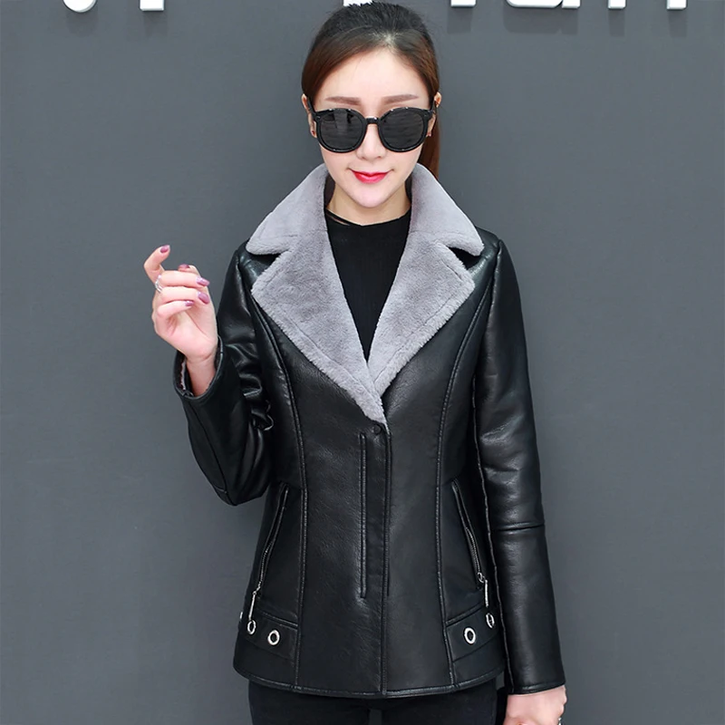 Длинная флисовая женская куртка из искусственной кожи однотонная Черная Женская верхняя одежда с отложным воротником пальто женские куртки