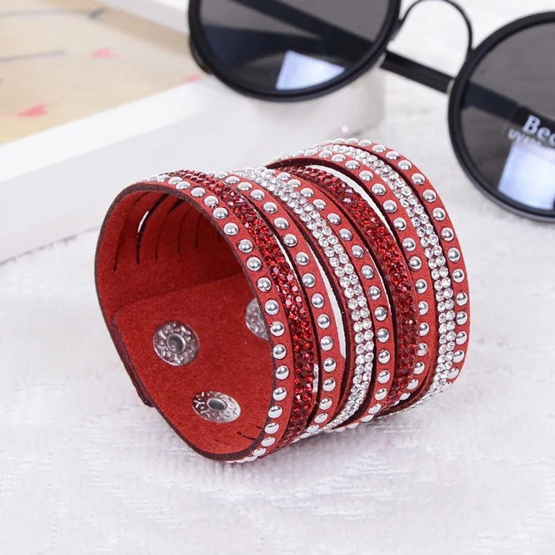 Кожаные богемные браслеты для женщин, ювелирное изделие, Кристальный браслет со стразами,, широкие браслеты и браслеты, подарок для девочки - Окраска металла: Red