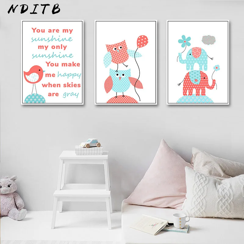 

NDITB Birds Elephants Wall Art Posters Cartoon Nursery Prints Canvas Painting Nordic Kids Decoration Pictures Baby Bedroom Decor