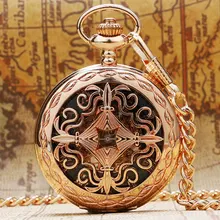 Mode Rose Or Squelettique Creuse Montre De Poche Mécanique Main Vent Fob Montre Antique Cadeau Avec La Chaîne Relogio De Bolso