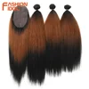 FASHION IDOL 18-22 Inch Yaki Straight Hair Bundles 6 Inch Lace Front With Closure Weave Hair Ombre Brown Golden Hair Extension ► Photo 2/6