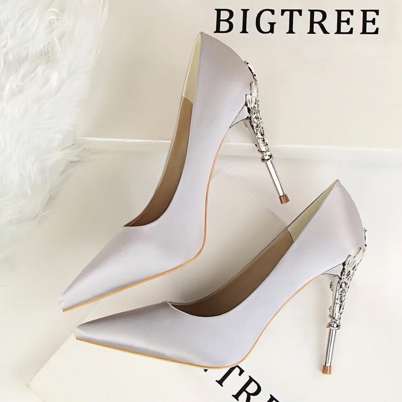 

BIGTREE Luxury Women Pumps Elegant Silk Pointed Toe Shallow spring metal 10cm Thin High Heels Party Shoes Plus Size 34-40