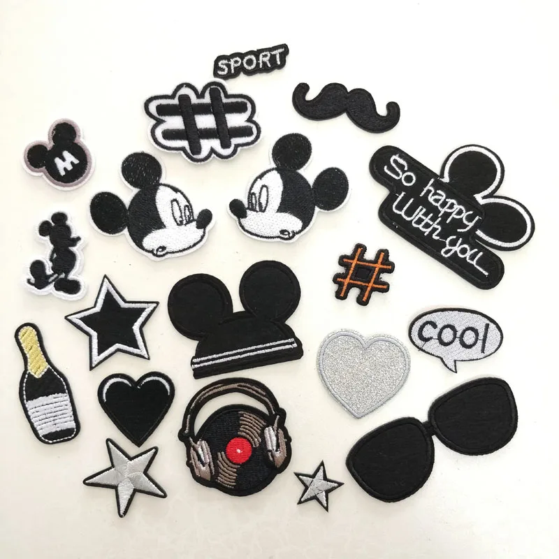 

20pcs Mickey Star Glasses Heart Embroidered Patches Iron On parches ropa Applique Jumpsuit Jacket Patchwork Military Badge Art