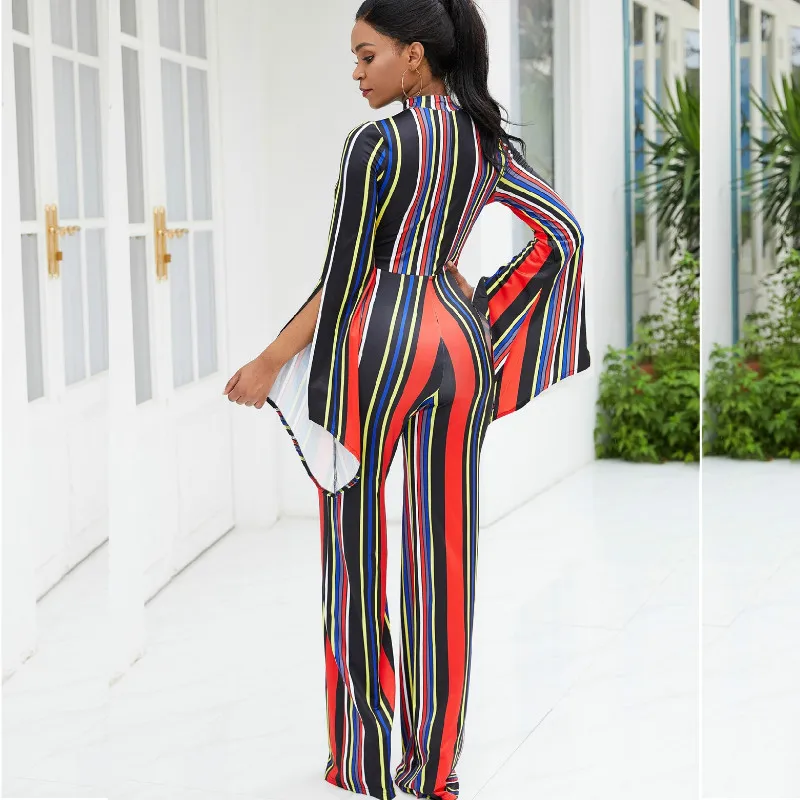 iRicheraf Women Jumpsuit Sexy Striped Casual Long Flare Sleeve Bodysuit Rompers Womens Overalls Costume Fashion Nova Woman