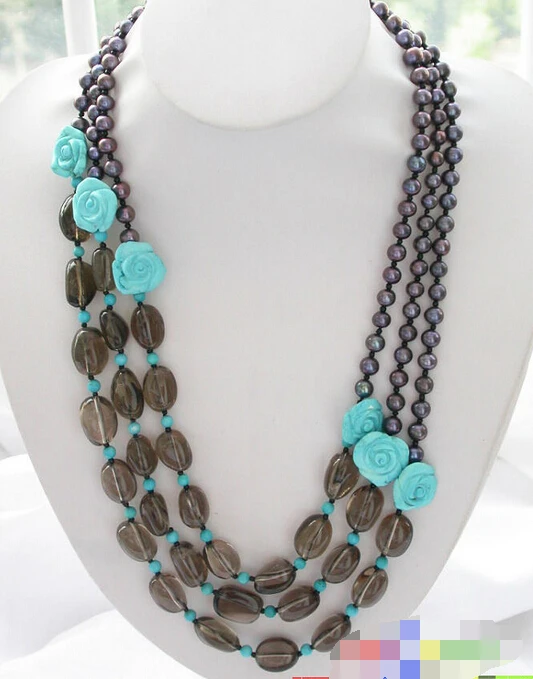 

huij 002425 3row 25" 8mm black pearl crystal flower turquoise necklace