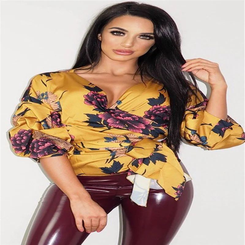

2018 Women Floral Print Wrap Satin Blouse Tops Lady Fashion V neck Lace up Slim Elegant Blouse Bandage Shirts Clubwear 5 colors