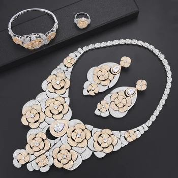

Trendy Drop Ethiopian Jewelry African Nigerian Dubai Wedding Necklace Earrings Sets Bracelet Ring Jewelry Sets For Women Wedding