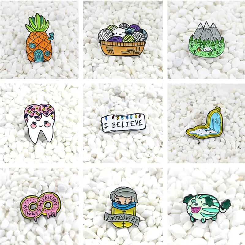 

Pineapple House Candy Teeth Forever Hungry Donut Melting Clock Forest Tent Watermelon Animal Knitting line cat artist pin