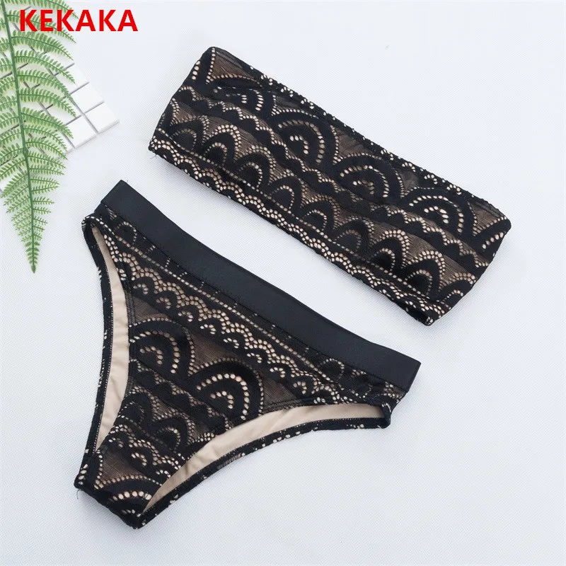 

KEKAKA Sexy Black Lace Bandeau Biquini 2019 Lace Crochet Bathing Suit Low Waist Bikini Swimsuit Push-Up Brazilian Swimwear Women
