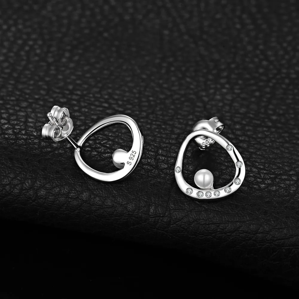 JewelryPalace Modern Art Deco Crystal 3mm Round Shape Shell Pearl Curved Circle Stud Earrings 925 Sterling Silver Trendy Jewelry