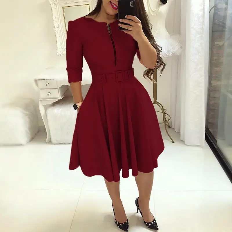 

2019 Vestidos mujer A-Line Tunic Party new Fashion Elegant Dresses Ladies Workwear Solid Zipper Up Belted Pleated Casual Dress