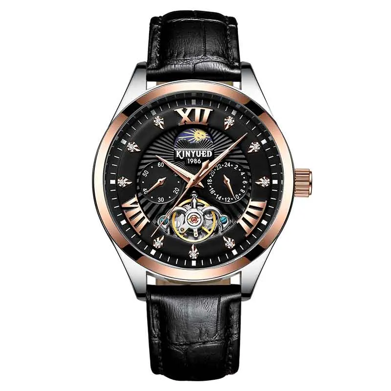 

KINYUED 2019 Top Brand Luxury Diamond Chronograph Men Automatic Watch Mechanical Skeleton Wristwatches Leather Moon Phase Arm