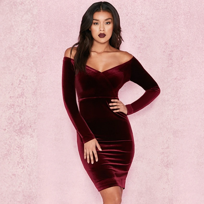 2018 Elegant Sexy Winter Long Sleeve Velvet Dress Celebrity Off The ...