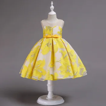 

2019 New Retail Girl's Formal Wedding Dress Sleeveless Flowers Button Tank Dress for Girls Elegant Fall Garments Yellow Pink Blu