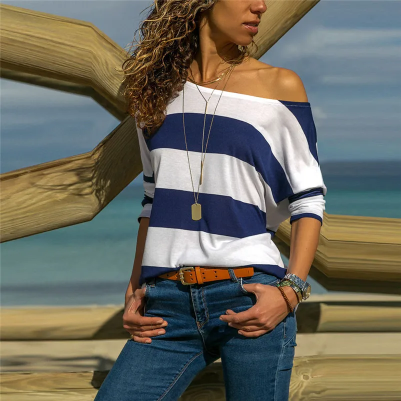 HOT Fashion womens tops and blouses 2018 Womens Striped Long Sleeve Top O-Neck Shirt Loose shirt Blouse camicette A06#N  (6)