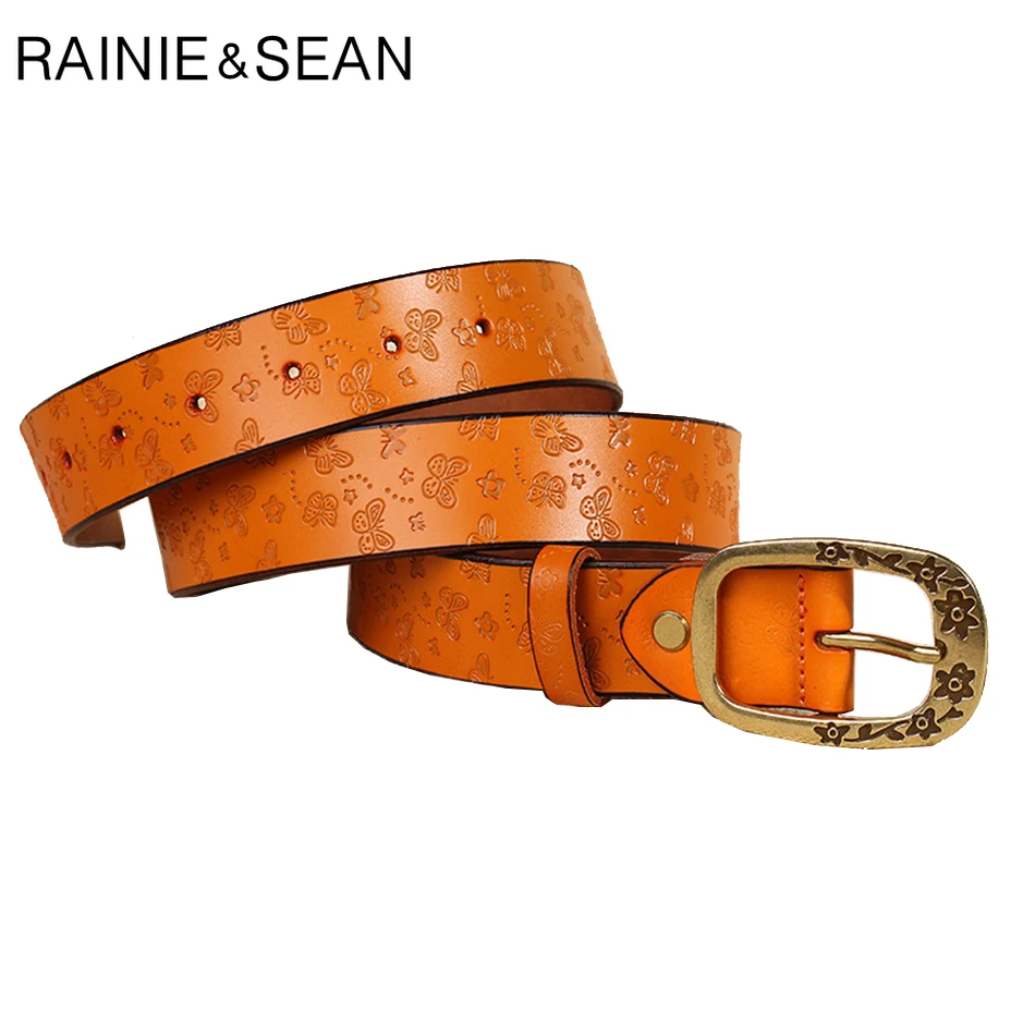 

RAINIE SEAN Leather Embossed Belts Women Pin Buckle Belt Flower Butterfly Yellow Brown Designer Ladies Genuine Cow Leather Belt