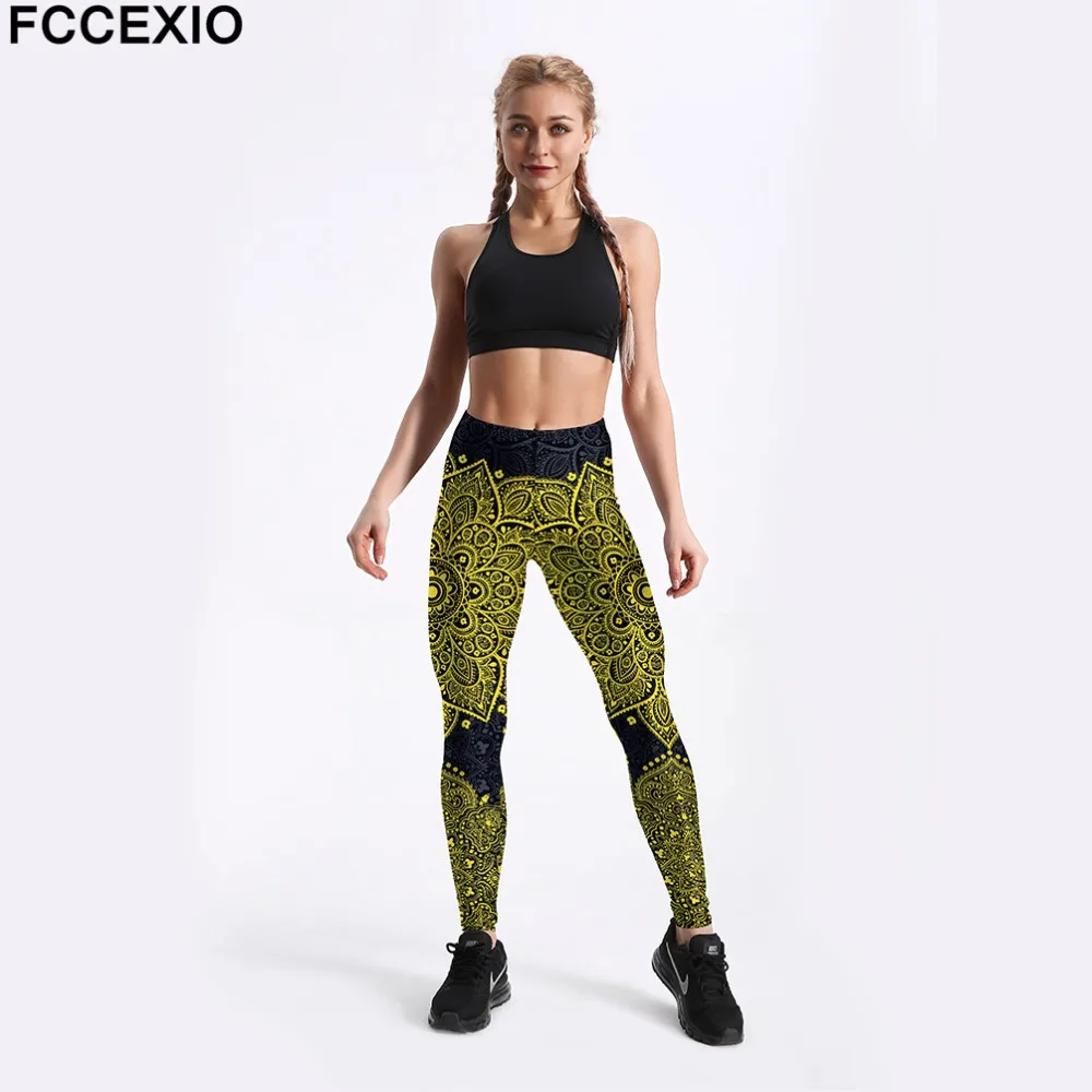 FCCEXIO женские тренировочные леггинсы с высокой талией, леггинсы для фитнеса, желтые леггинсы с 3D принтом мандалы, женские леггинсы большого размера