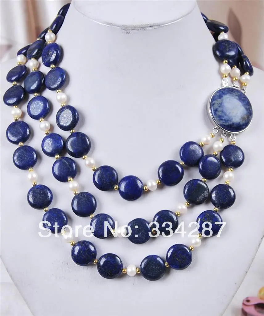 

3Rows White Akoya Cultured Pearl & Genuine Coin Lapis Lazuli Jewelry Necklace