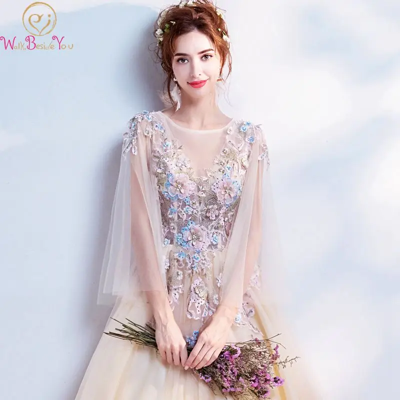 

Floral Print Princess Prom Dress Champagne A Line Elegant Cap Sleeves Sweetheart Simple Beaded Crystal Formal Evening Party Gown