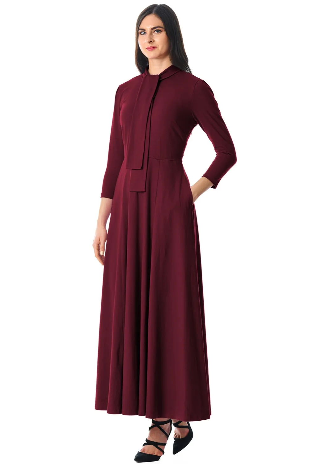 Burgundy-Pocketed-3-4-Sleeves-Tie-Neck-Maxi-Dress-LC610398-3-4
