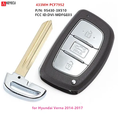 Keyecu умный дистанционный ключ брелок от машины 433MH PCF7952 для Hyundai 2014 2015 2016 2017 Verna P/N: