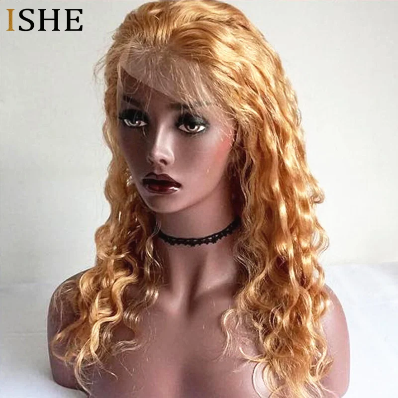 

180% Density 27 Honey Blonde 13x6 Lace Front Human Hair Wigs Water Wave Golden Wigs Remy Preplucked With Baby Hair For Women