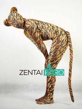 

Free Shipping DHL Hot Sell Tiger Pattern Lycra Spandex Bodysuit Unisex Zentai Catsuit with Tail and Ears D105 Fancy Dress