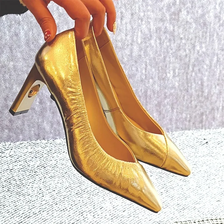 Fashionable Metallic Gold Leather Pumps Formal Lady Dress Shoes Pointed
