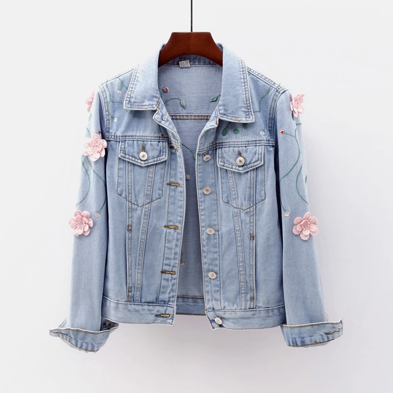 Greatest  Spring embroidery Denim Jacket For Women Long Sleeve Turn down Collar Slim Jeans Jacket Women Plus 