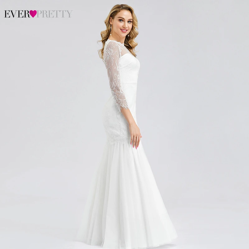 Robe De Mariage Sirene Ever Pretty White кружевные свадебные платья с круглым вырезом, рукавом 3/4, на молнии, Элегантное свадебное платье с силуэтом "Русалка" Gelinlik