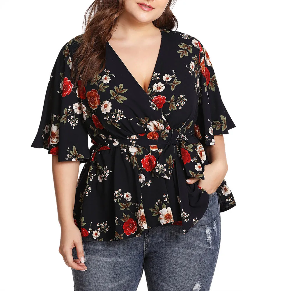 Women's Blouses And Shirts 2019 Summer Deep V-Neck Floral Printed Tunic Shirt Bandage Large Size Tops Loose Blouse camisa