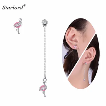 

Flamingo Earrings Dangle/Stud 925 Sterling Silver Pink Enamel Bird Jewelry Crystal Flamingo Asymmetric Earrings E6199
