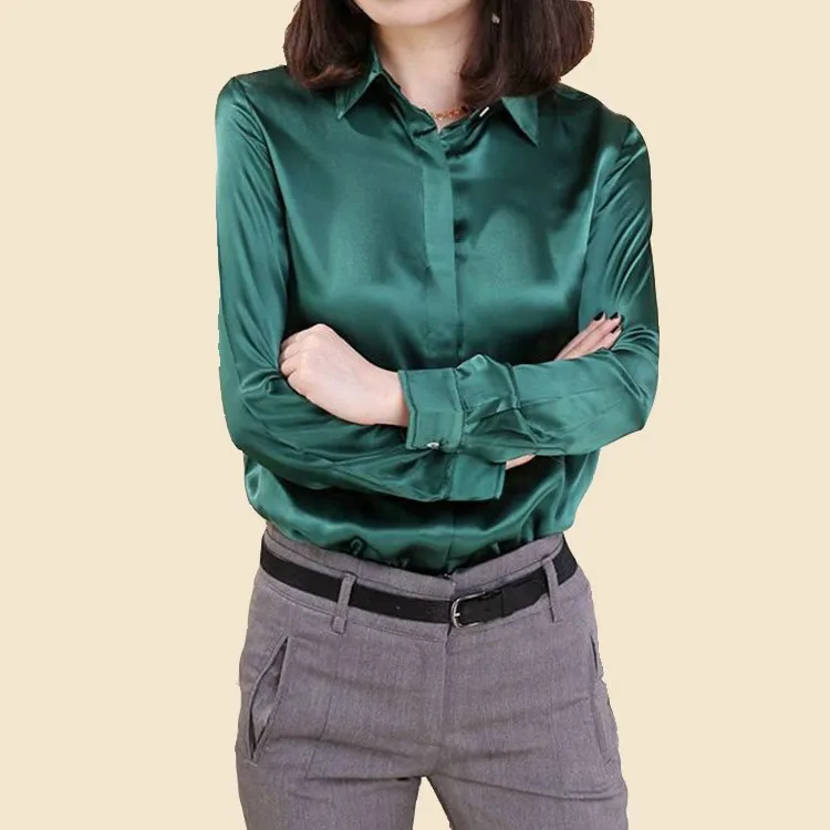 Для женщин шелковая рубашка Формальные больших размеров атласные шелковые рубашка с длинными рукавами для девочек топ cs31
