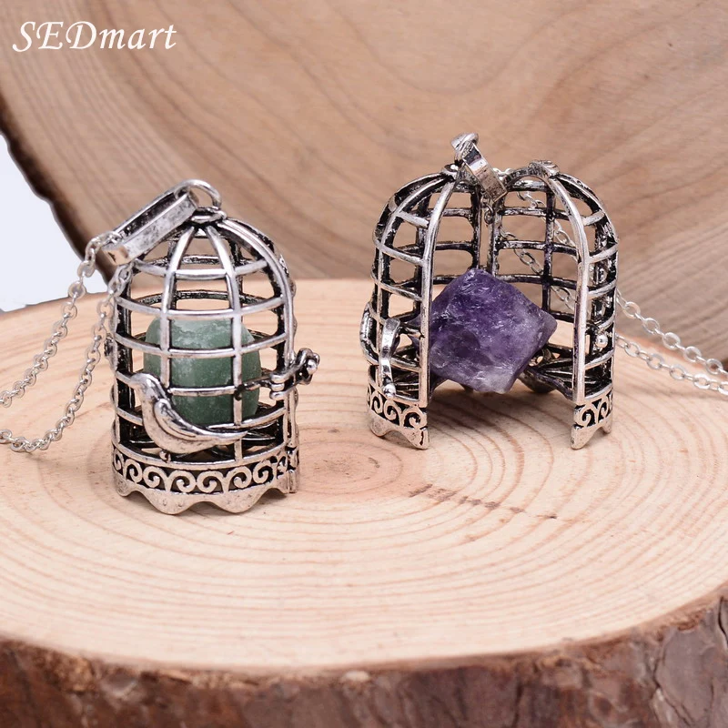 SEDmart Antique Silver Crystal Bird Cage Pendant Necklace Locket