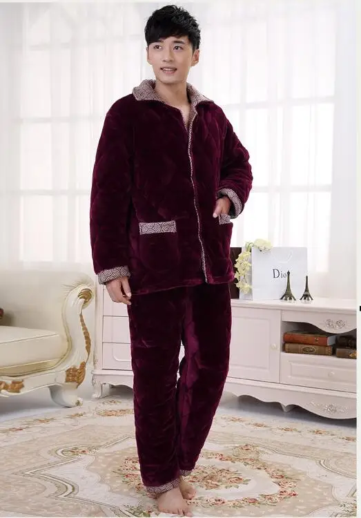 Male Pyjamas Men Three Layers Of Cotton Pajamas In Winter Jacket Mens