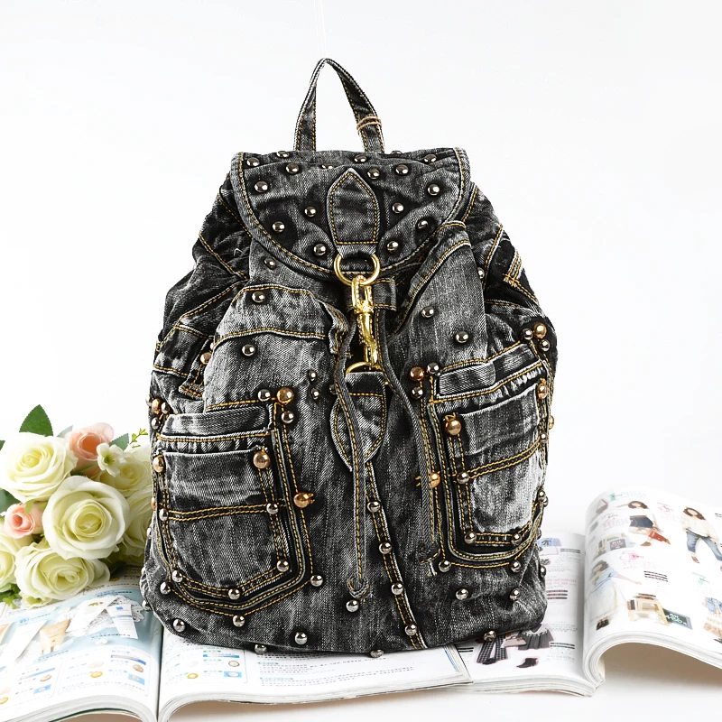 

New Vintage Casual Preppy Style Black Rivet Denim Backpack School Bags Jeans Women Daypacks CrossBody bag bolsa feminina 3701