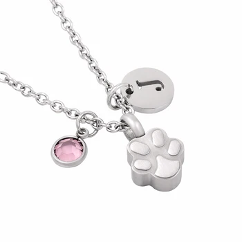 

IJMD0061 Pet Paw Ashes Urn Necklace Stainless Steel Pet Urn Funeral Necklace with Birthstone & Initial Charm for Memorial