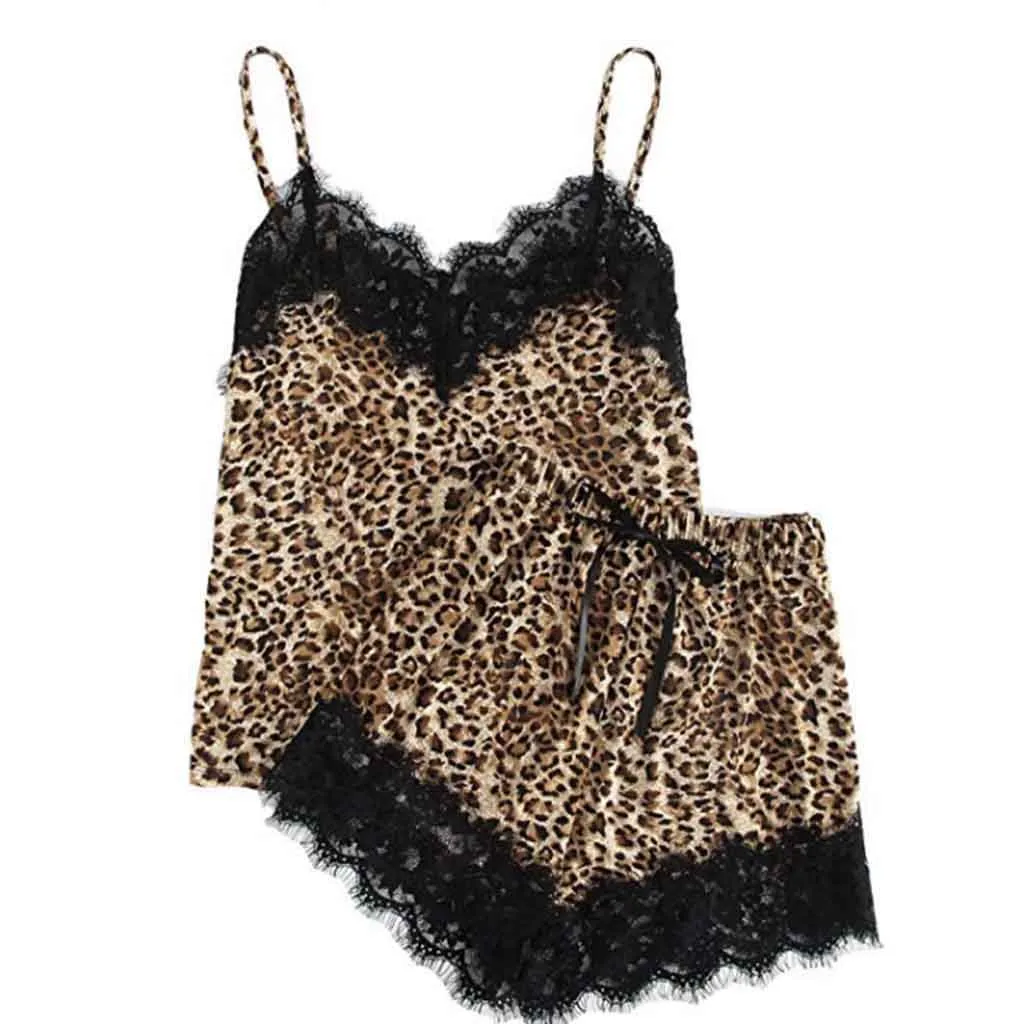 

2pcs Set Women Pajama Sets Sexy Lingerie Nightgown Vintage Lace Camisole Leopard Croptop Shorts Lady Silk Satin Sleepwear