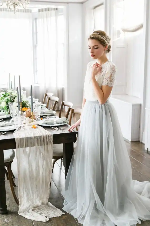 Powder Blue Tulle Skirt Lace Top Two Pieces Wedding Dresses 2019