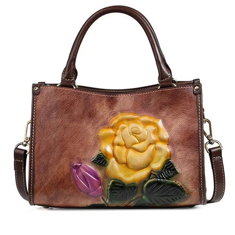 Genuine Leather Bag Female Top Handle Messenger Bags Flower Embossed Retro Design Handbag Natural Skin Women Tote Shoulder Bag