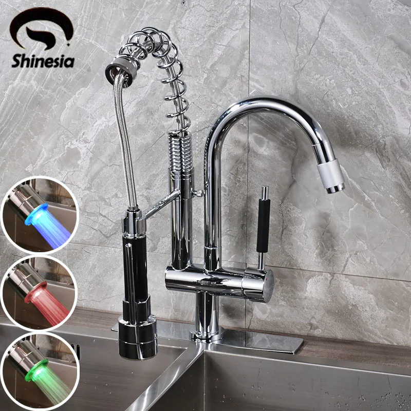 

LED Light Kitchen Sink Faucet Single Handle 360 Degree Rotating Mixer Tap with 10 Inch Cover Plate Chrome Polished