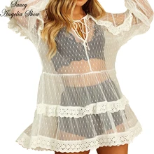 SAUCY ANGELIA/женская футболка белая сексуальная прозрачная открытая кружевная рубашка с длинным рукавом Vetement женские футболки повседневные футболки