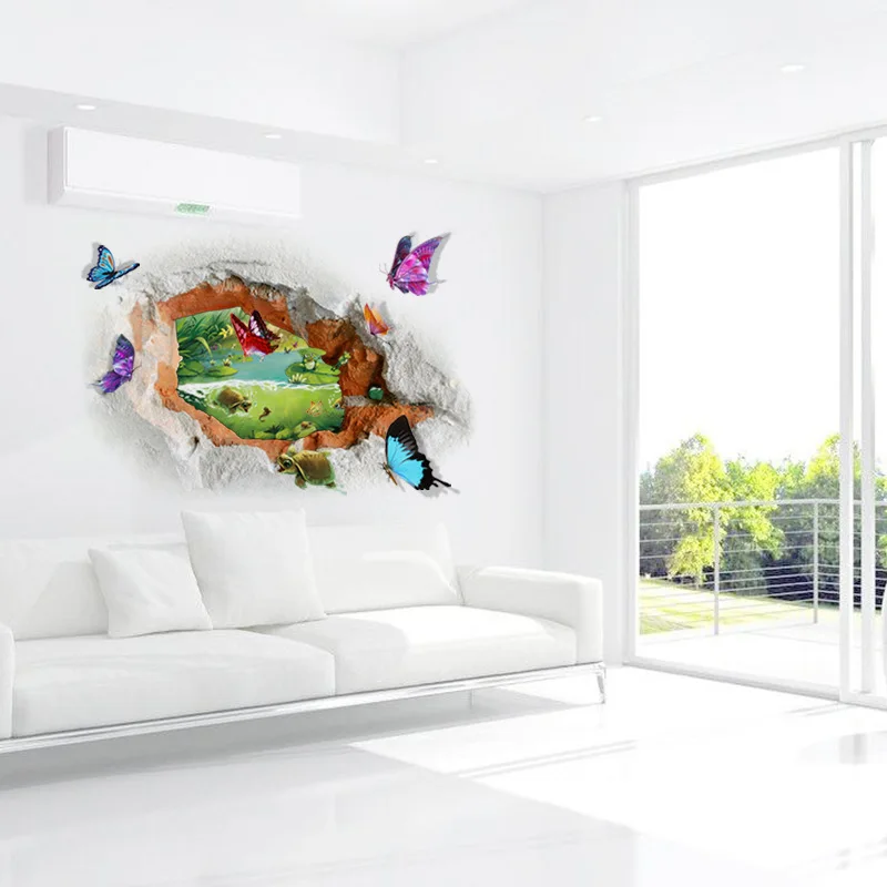 

3D Hole View Butterfly Wall Stickers PVC Wall Decals/Adhesive Beautiful Pond Wallpaper Door Vinyl Decals for Living Room Bedroom