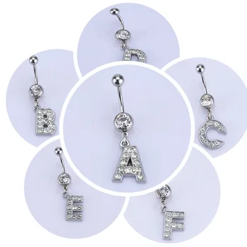 

26 letter A to M style Charming Body Piercing Crystal Rhinestone Inlaid Navel Belly Button Ring stainless steel jewelry