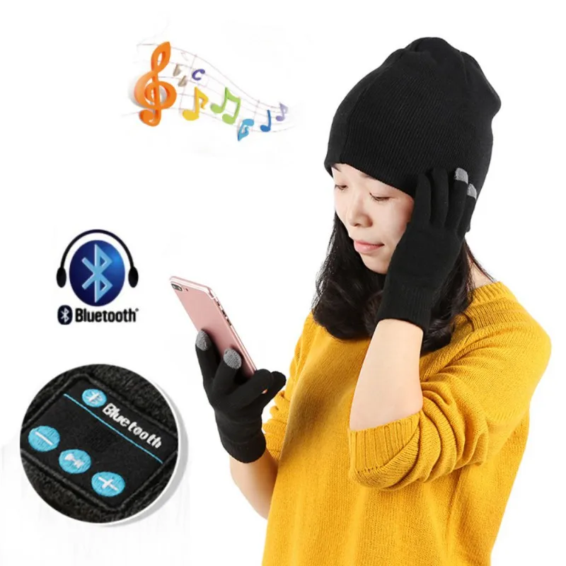 Unisex Women Men Warm Soft Smart Headset Bluetooth Wireless Beanies Cap Hat Gloves Headphone Speaker HT
